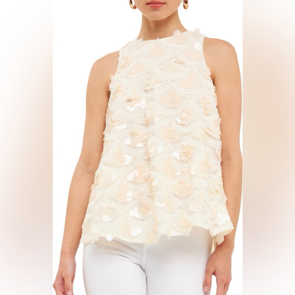 Endless Rose Satin Back Bow Cream Textured Sleeveless Sequin Blouse